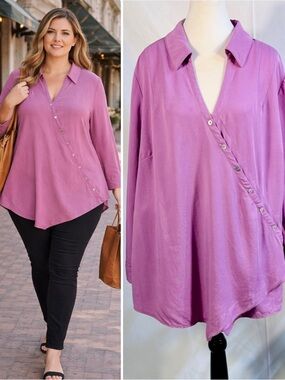 Soft Surroundings Lilac Washed Tencel Roll Tab Wrap Asymmetric Button Top 2X💛